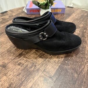 Cole Haan Black Suede Mules with Silver Buckle